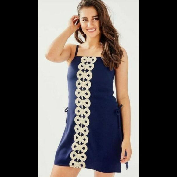 Lilly Pulitzer SAHAR ROMPER Navy Blue with Gold in Size 4 - Picture 2 of 9